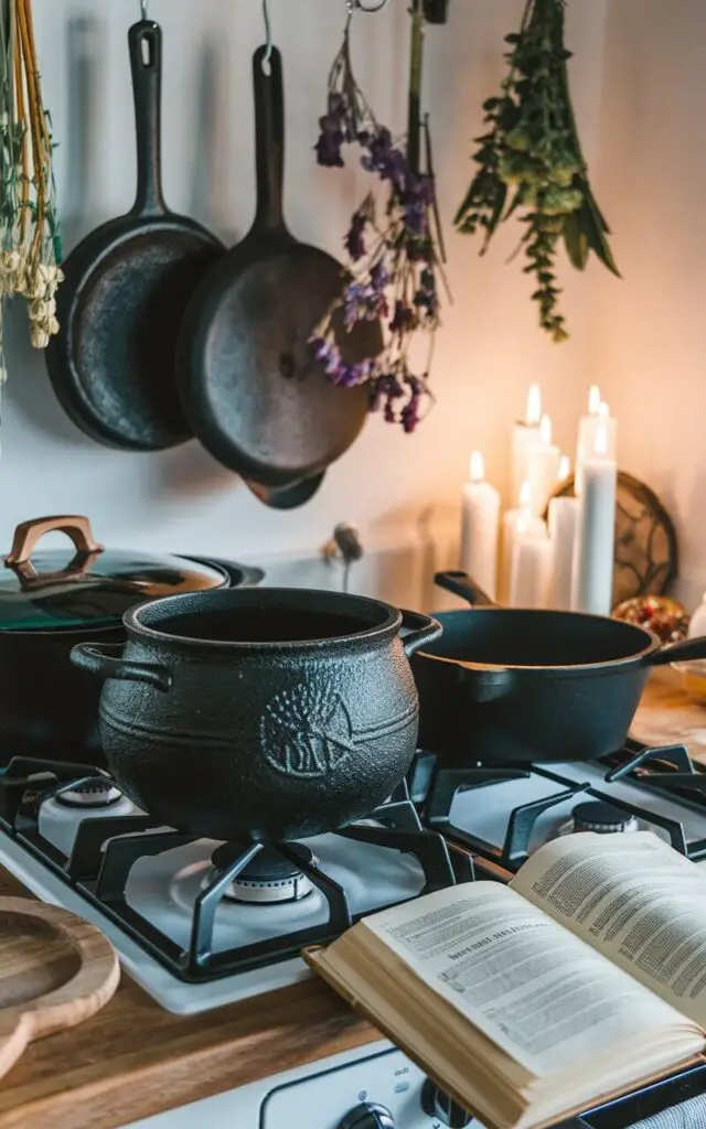 A photo of a witchy kitchen with a black cauldron on a modern stove, surrounded by cast iron pots and pans. Hanging herbs and dried flowers add a witchy touch. The background contains flickering candles and an ancient spell book open on the counter.