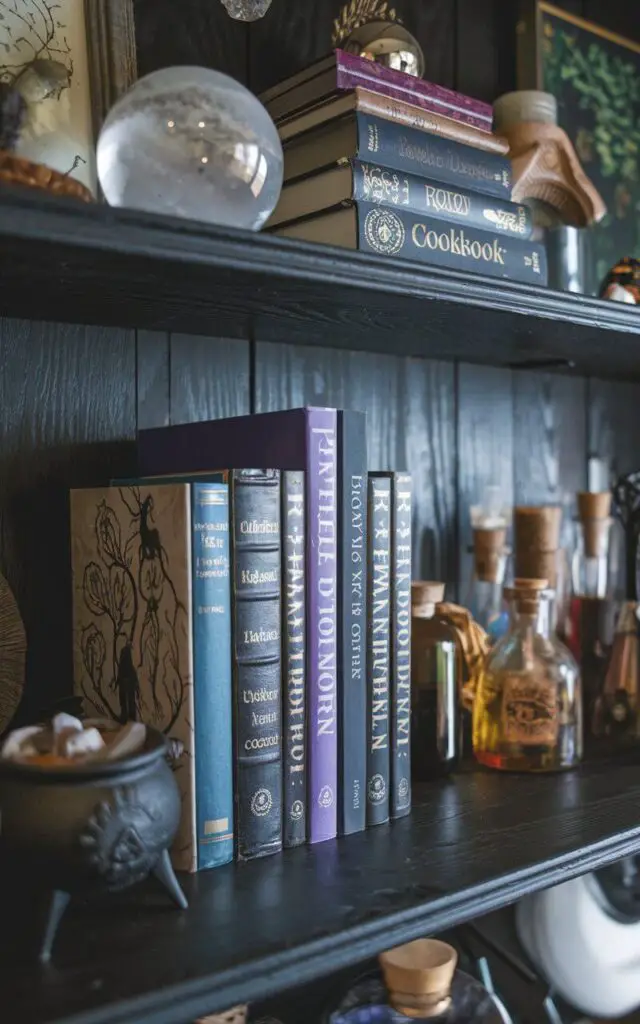 A photo of a witchy kitchen shelf filled with grimoires and witchy cookbooks. The books are stacked next to crystal balls and antique trinkets. Nearby, a small cauldron and potion bottles create a magical reading nook. Dark wooden shelves complete the witchy aesthetic.