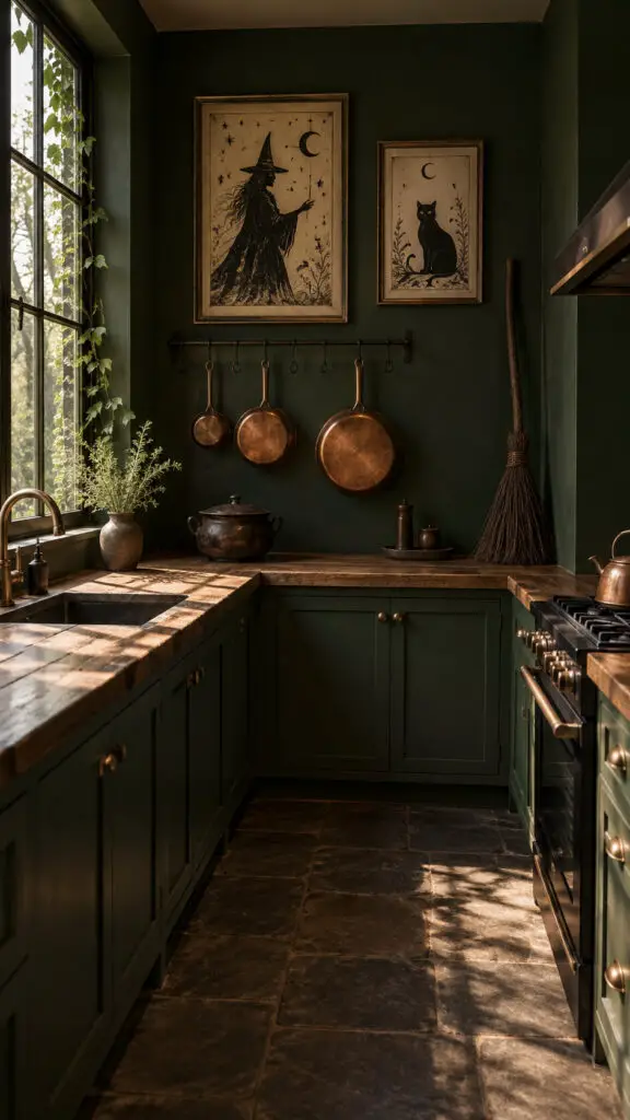 Witchy Green Kitchen with Copper Accents