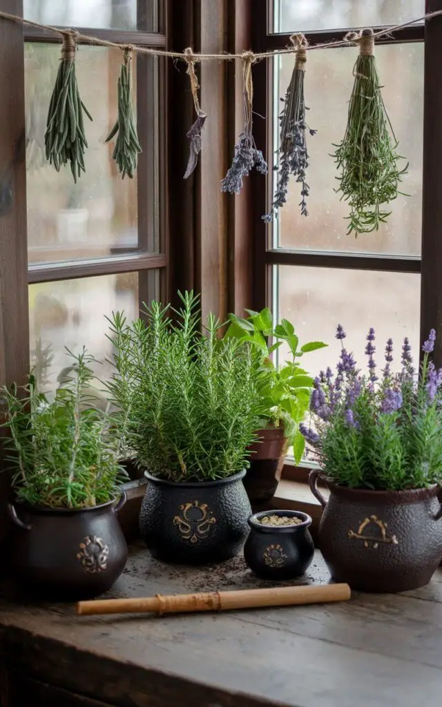 A witchy kitchen herb garden with small cauldrons and pots filled with fresh herbs like rosemary, thyme, and lavender. The herbs are grown in an enchanted corner near a large window, with twine hanging dried herbs above for easy access during cooking or spellwork.