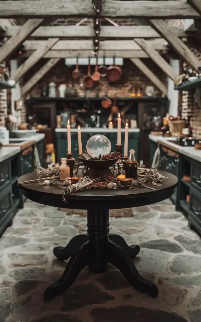 A photo of a witchy kitchen with a dark wooden table. The centerpiece is a crystal ball surrounded by candles, dried herbs, and potion bottles. The table is placed in the middle of the kitchen, which has a rustic design with exposed brick walls, wooden beams, and a stone floor. There are hanging pots over the table. The lighting is soft.