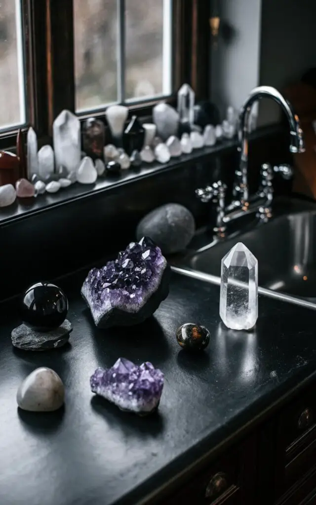 A witchy kitchen with a dark and moody ambiance. Crystals of various shapes and sizes are placed on the countertops. There is an amethyst cluster next to a clear quartz point. A black obsidian sphere sits near the sink. The windowsill is lined with polished stones. The crystals reflect light, adding a mystical energy to the room.