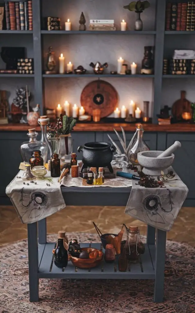 A witchy kitchen with a dedicated potion-making station. The station has a small cauldron, jars filled with essential oils, and a mortar and pestle. There are glass bottles, dried herbs, and a mystical tablecloth on the table. The background has bookshelves filled with books, candles, and other magical items. The floor is covered with a rug.