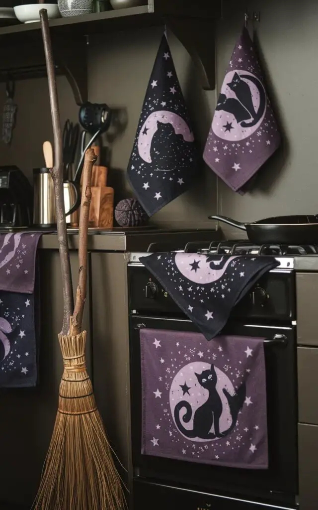 A photo of a witchy kitchen with dark, muted colors. There are witchy kitchen towels and linens with designs of moons, stars, and black cats hanging from the oven door and countertops. The towels are in dark colors like black and deep purple. There is a broomstick leaning against the wall. The background contains a few cooking utensils and a pot.