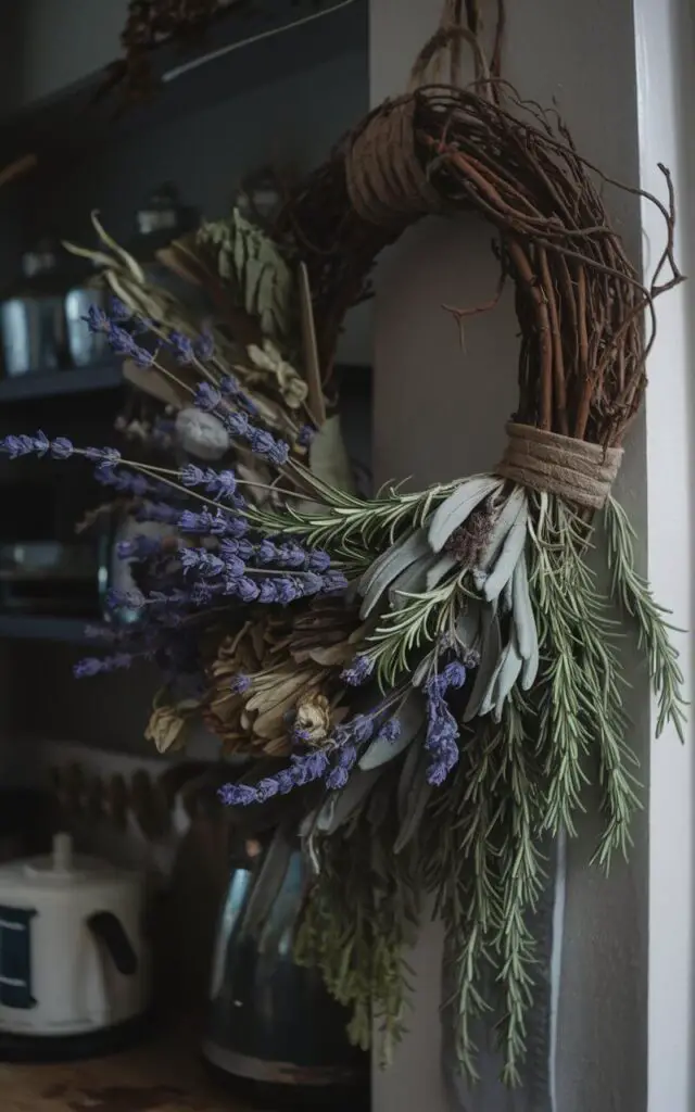 A photo of a witchy kitchen with a rustic twig, herb, and dried flower wreath hanging on the wall. The wreath is filled with lavender, rosemary, and sage, and it adds an earthy and natural element to the space. The background is dark and moody.