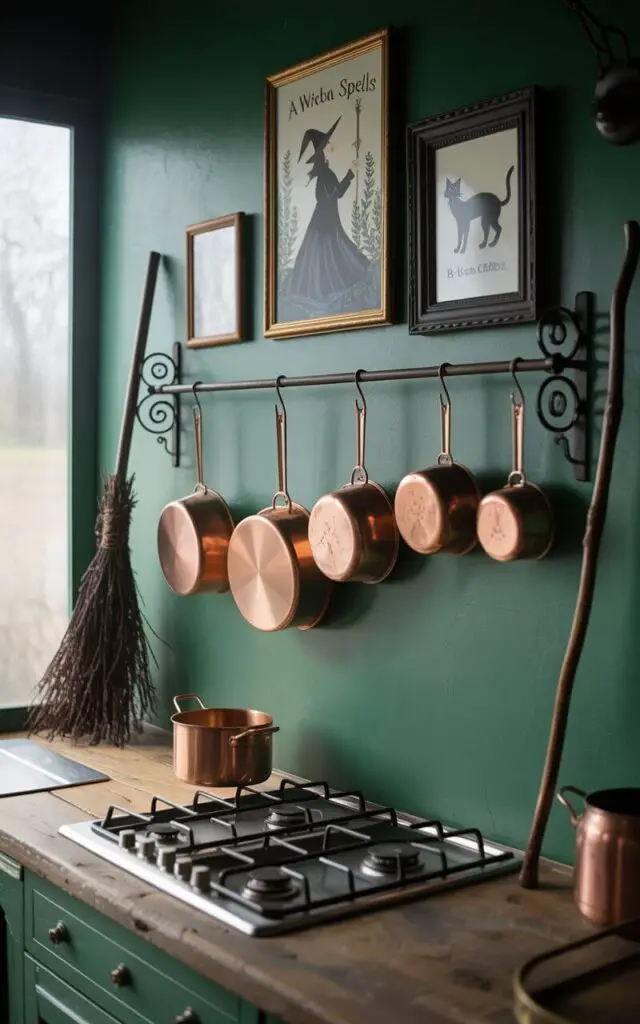 A photograph of a cozy witch's kitchen, dominated by a dark green wall adorned with framed artwork featuring "a witch casting spells" and "a black cat illustration". A weathered wooden countertop stretches along the wall, displaying copper pots and pans suspended from a wrought iron rack and a leaning broomstick. Soft, diffused light streams in from a nearby window, illuminating the gas stove and highlighting the rustic charm of the space, creating an inviting and mysterious atmosphere.