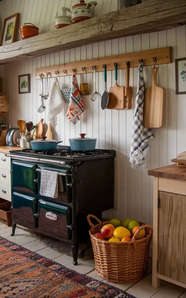 A photo of a cozy cottage kitchen with a wooden peg rail on the wall. Hanging from the pegs are kitchen essentials like tea towels, wooden spoons, and cutting boards. The rustic wood of the peg rail matches the wooden accents in the room, adding charm and practicality. A vintage stove, a few pots, and a basket filled with fruits are also in the kitchen. The floor is covered with a patterned rug, and the walls have a few decorations.