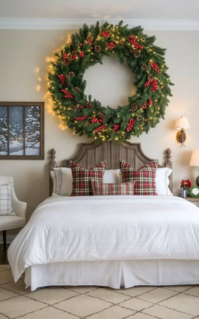 A photo of a Christmas bedroom with a large green wreath hanging above the bed’s wooden headboard. The wreath is adorned with red berries, pinecones, and fairy lights, adding a festive focal point to the space. The bed features white linens and seasonal plaid pillows for a classic Christmas look. The wall has a decorative frame with a winter scene. The floor has a beige area rug. The room has a lamp, a chair, and a wall sconce.