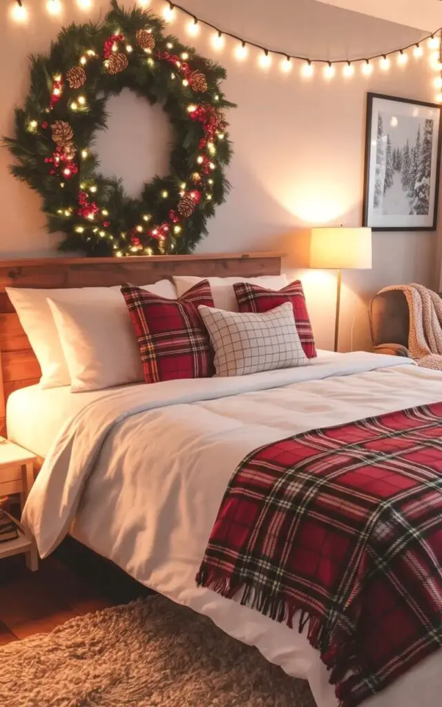 A king-sized bed with crisp white linen sheets and several plaid pillows sits centered in a bedroom with a wooden headboard. A large, circular wreath of lush green pine branches, red berries, and gold pinecones hangs above the headboard, illuminated by numerous small, warm-toned fairy lights. A soft beige rug covers the hardwood floor beneath the bed, while a single armchair with a knitted throw blanket sits in the corner near a floor lamp with a cream-colored lampshade. Framed artwork depicting a snow-covered forest scene hangs on the far wall, and the room is bathed in evenly distributed warm light from recessed ceiling fixtures.