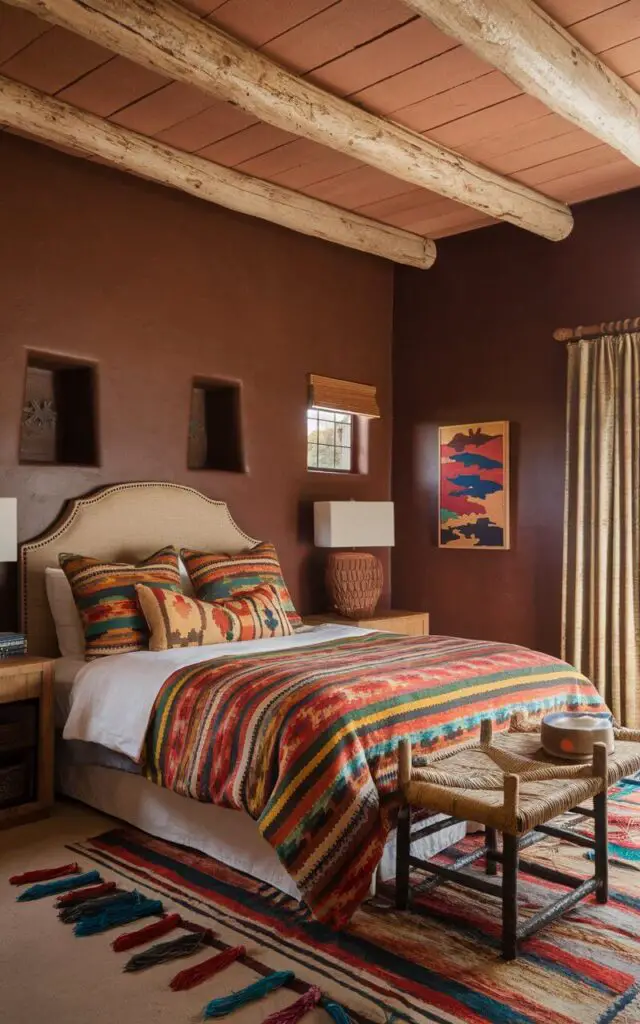 A Southwestern bedroom with a cozy bed placed against adobe-inspired walls. The walls are painted in deep terracotta, reflecting the traditional desert dwellings. Rustic wooden furniture and vibrant patterned bedding bring the room's earthy, authentic vibe together.