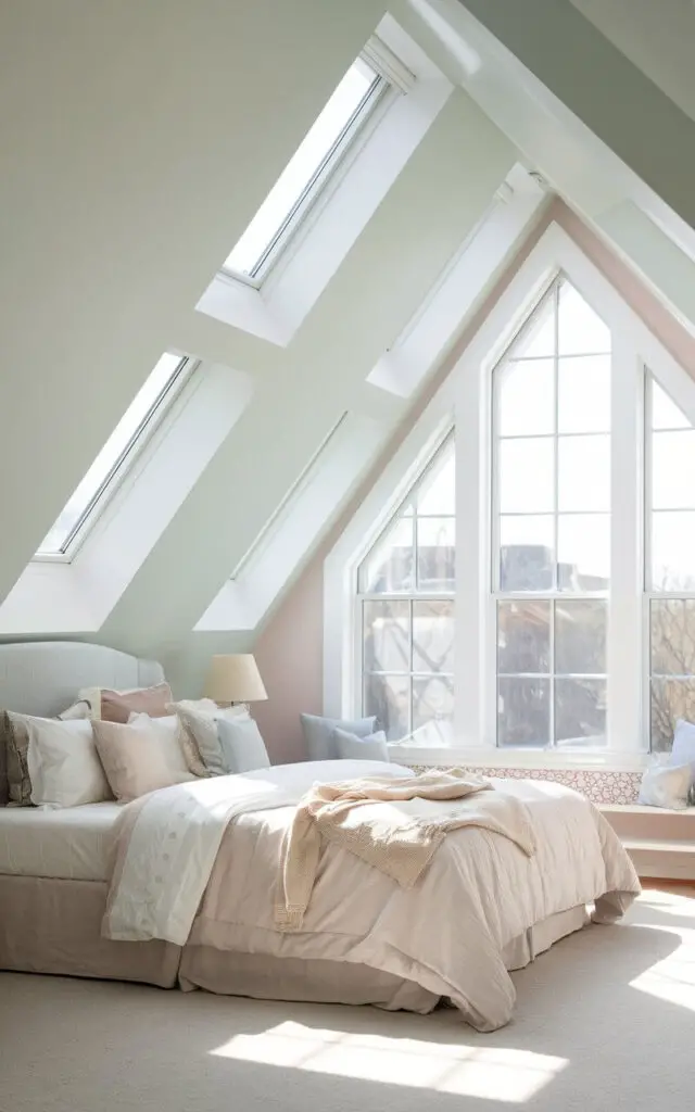 A photo of a light and airy attic bedroom with walls painted in soft pastels and neutral tones. The cozy bed, draped in light-colored sheets, is surrounded by large windows and skylights that flood the space with natural light, making the room feel open and spacious.