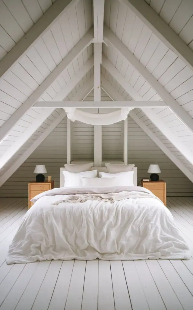 A serene attic bedroom with an all-white color scheme, including the walls, bedding, and furniture. The very cozy bed, covered in plush white linens, is framed by light-colored wood accents. The all-white design reflects natural light and makes the space feel open and airy.