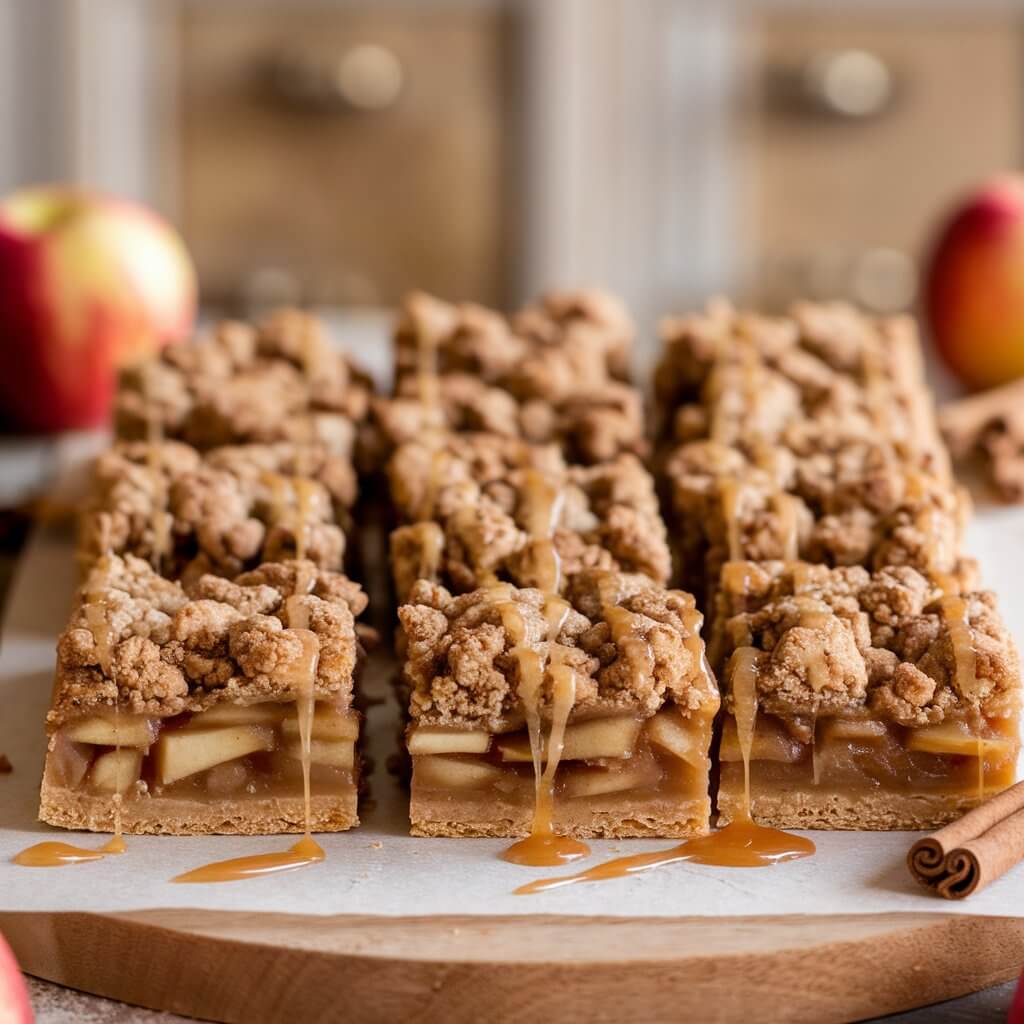 A photo of a batch of apple pie bars. Each bar has a perfectly layered apple filling and a cinnamon streusel topping. The bars are neatly cut into squares, revealing the juicy apples beneath the crumbly golden crust. A drizzle of caramel sauce adds an extra layer of sweetness. The bars are arranged on a wooden board, with a few apples and cinnamon sticks placed around them. The background is blurred, showing a rustic kitchen with white cabinets and a beige countertop.