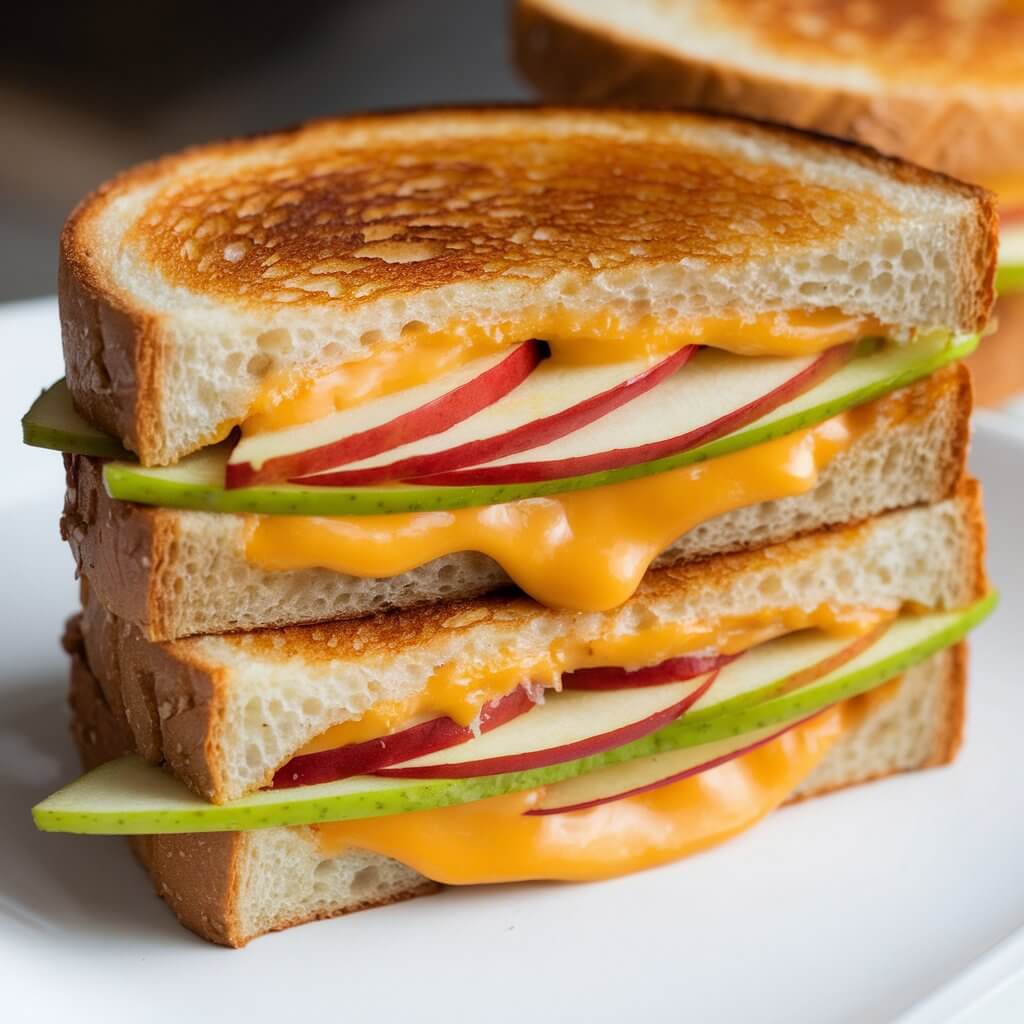 A photo of a beautifully arranged grilled cheese sandwich with thinly sliced, crisp apple peeking out from between sharp melted cheddar and golden, toasted bread. The sandwich is cut in half, with the green or red apples giving a slight crunch that contrasts with the gooey cheese. The grilled cheese has a sweet and savory balance in its presentation.