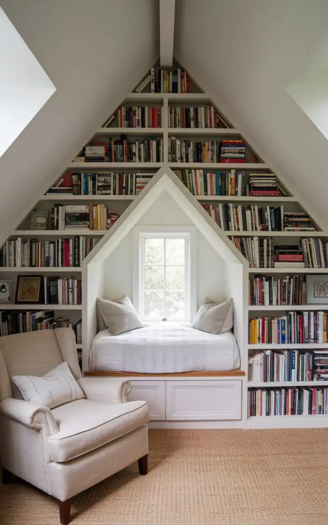 A photo of a unique attic bedroom with a built-in library along one wall. The very cozy bed, positioned in a nook surrounded by shelves filled with books, creates a peaceful reading retreat. A comfortable armchair beside the bed completes the library loft feel.