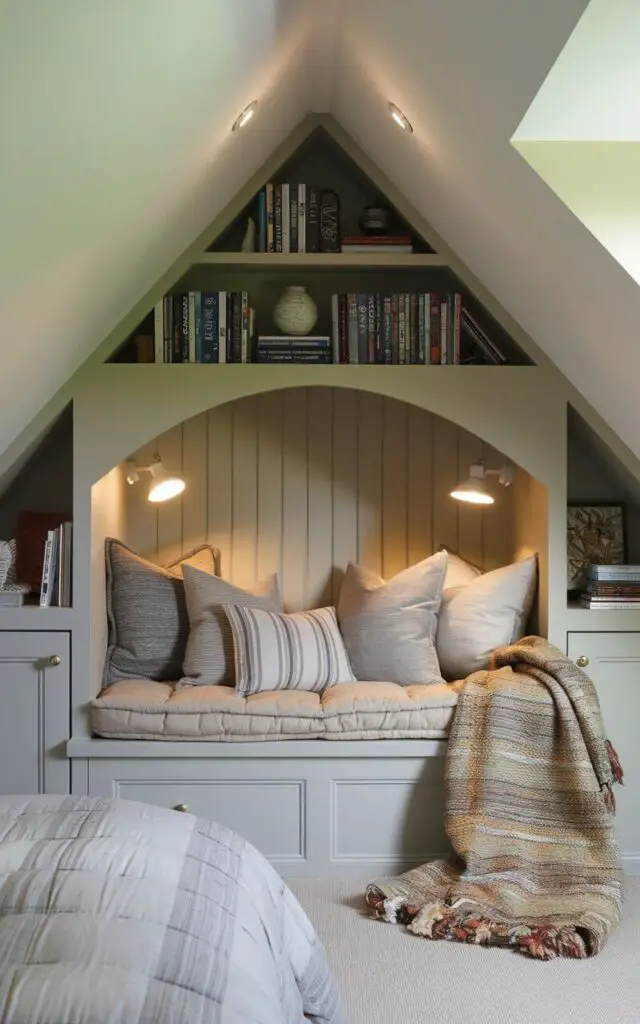 A photo of a cozy attic bedroom with a built-in reading nook beneath a sloped ceiling. The nook is a built-in seat with a backrest and a shelf above it. There's a very cozy bed with plush cushions and a thick comforter beside the nook. The room has a few books and a warm throw. The nook is adorned with soft lighting and warm throws for a homely vibe.