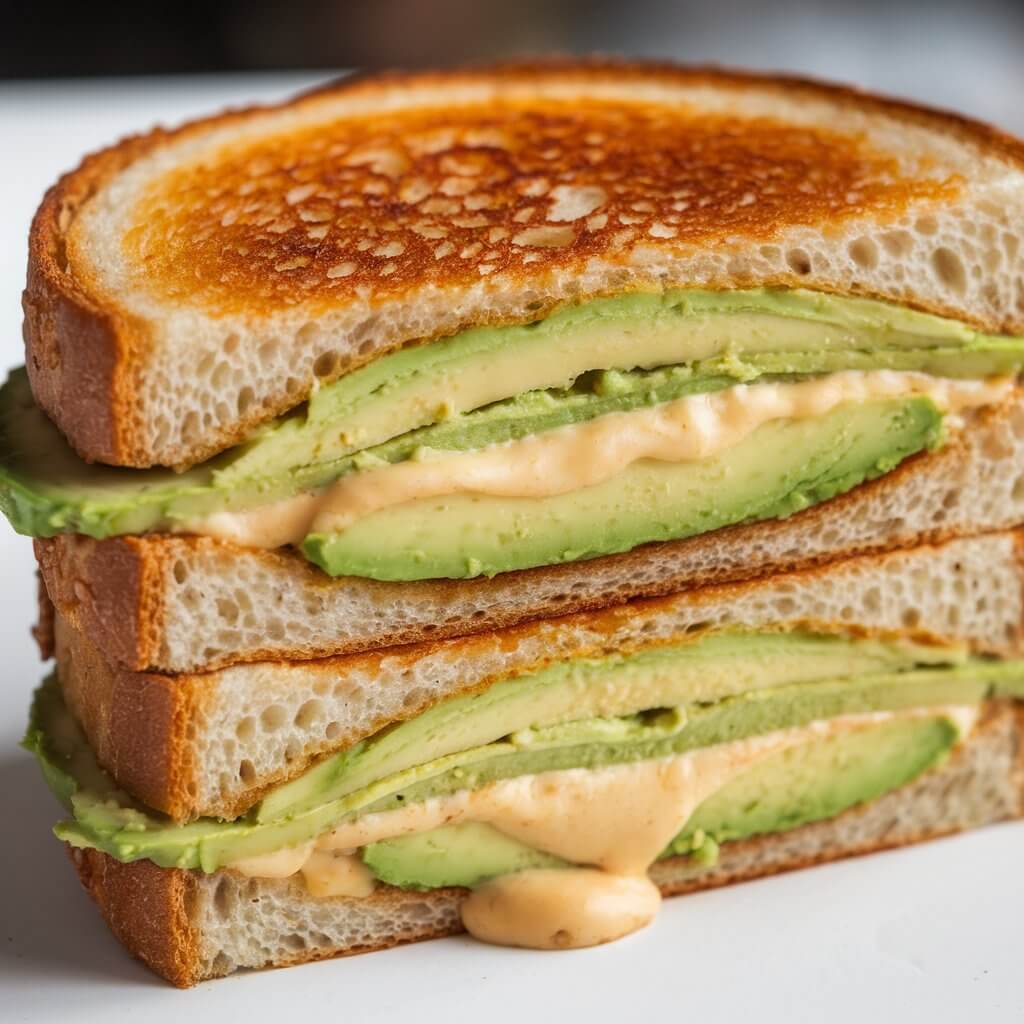 A photo of a grilled cheese sandwich with creamy slices of avocado layered between melted cheese and crispy, golden bread. The sandwich is cut in half, showcasing the smooth, green avocado and gooey cheese. The avocado gives a rich texture to the grilled cheese, with a modern, fresh vibe emphasized by the green and gold contrast.