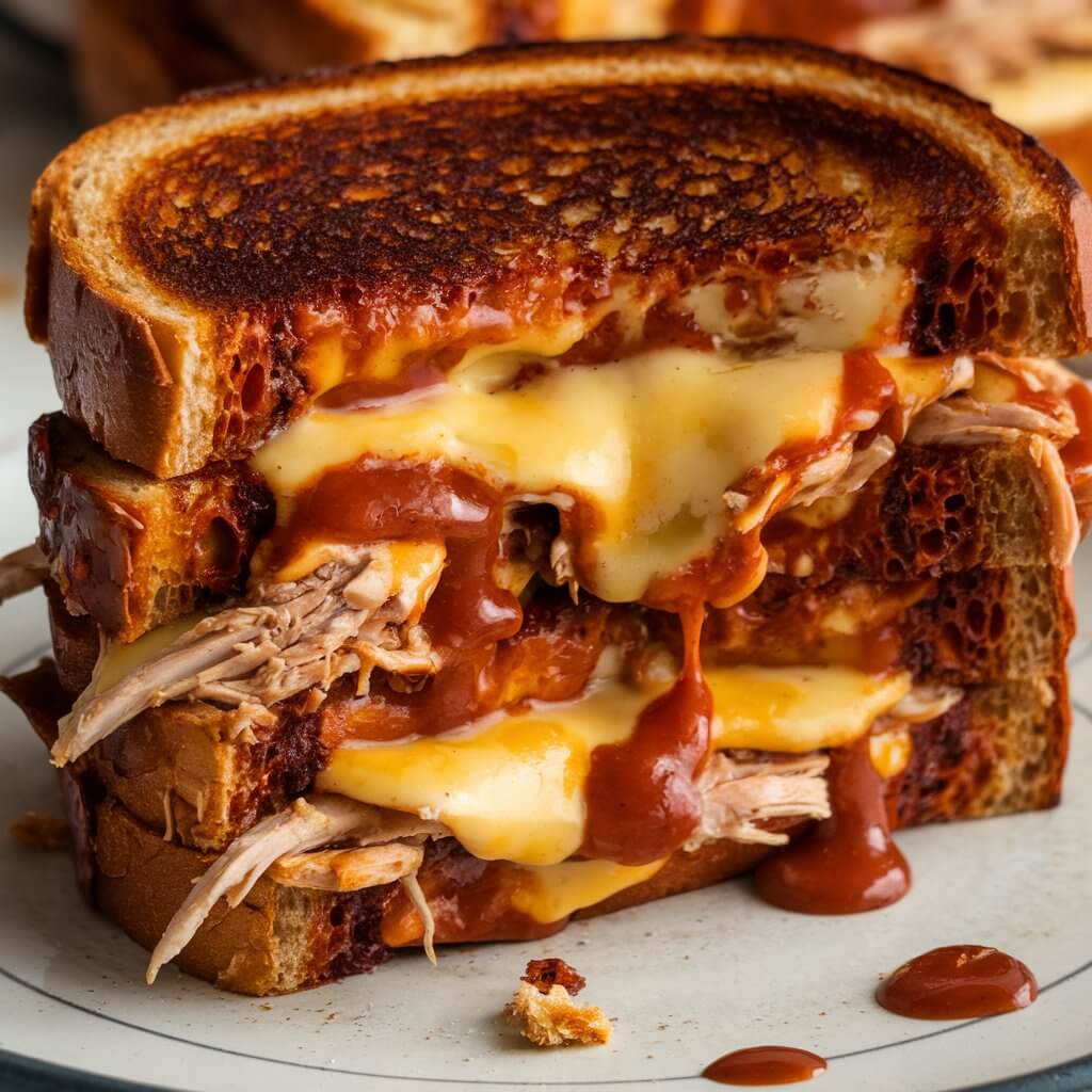 A messy, indulgent BBQ chicken grilled cheese sandwich, with shredded chicken drenched in barbecue sauce oozing out between melted cheese and crispy bread. The sandwich is cut open, showing layers of melted cheese blending with the sticky, smoky barbecue sauce. The edges of the bread are perfectly browned, adding a crispy element to the grilled cheese.

