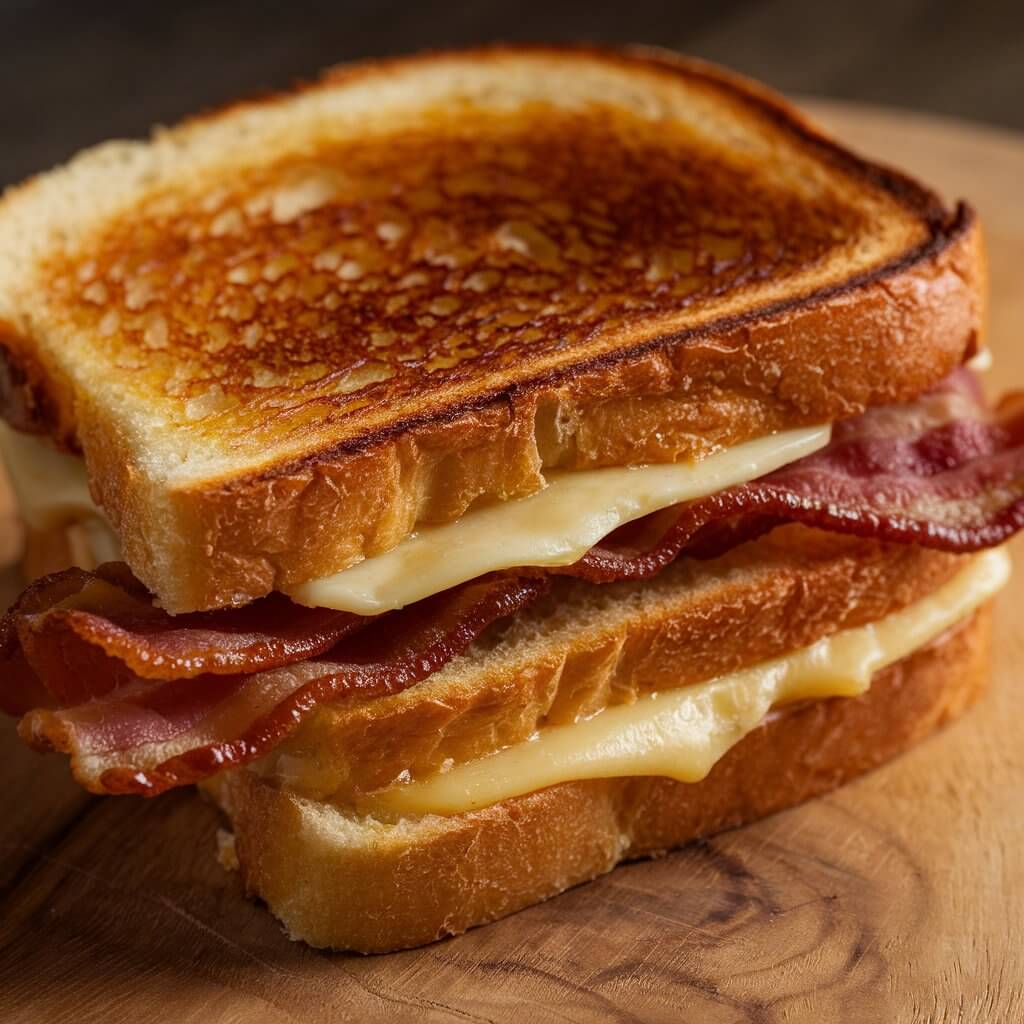 A close-up of a bacon grilled cheese sandwich, featuring crispy strips of bacon peeking out from between the layers of melted cheddar and buttery, toasted bread. The cheese is slightly stringy as if freshly pulled apart, while the bacon adds a contrast of crunchy texture and a savory touch to the grilled cheese.