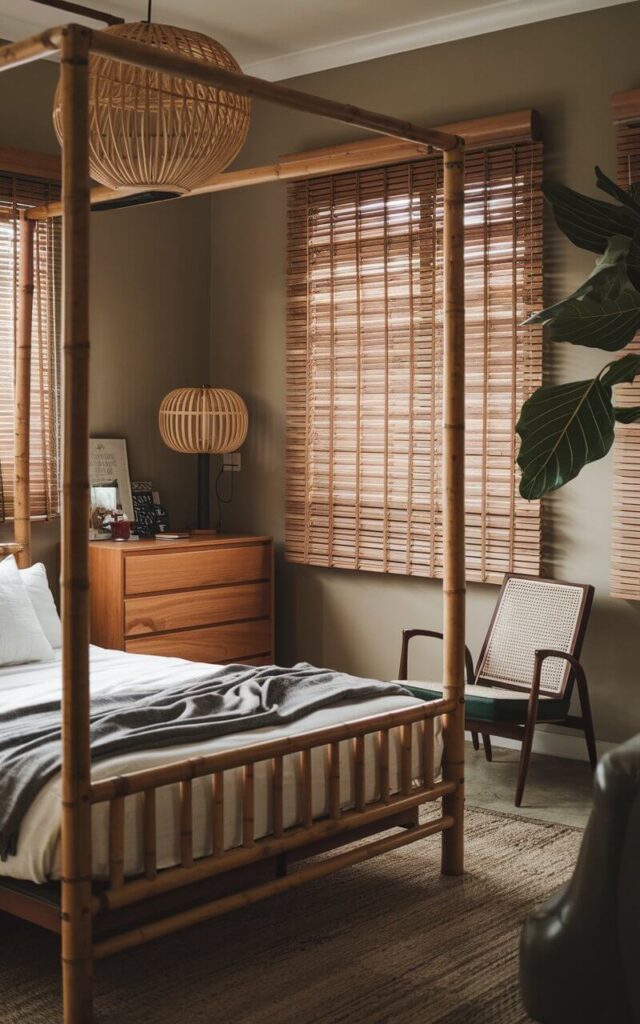 A Japandi bedroom with a bamboo bed frame, blinds, and a bamboo floor lamp. The sustainable material adds an eco-friendly, nature-inspired feel to the room, blending seamlessly with the Japandi aesthetic. The room also features a wooden dresser and a chair. The walls are painted in a muted hue. There is a large plant in the room.