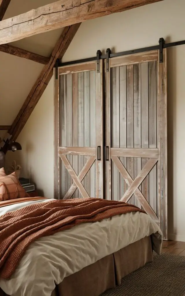 A rustic attic bedroom with a cozy bed and earthy-colored linens. The bed is placed beside sliding barn doors with a distressed wood finish. The barn doors save space and add a farmhouse touch to the design. Exposed wood beams complement the barn door's natural look.