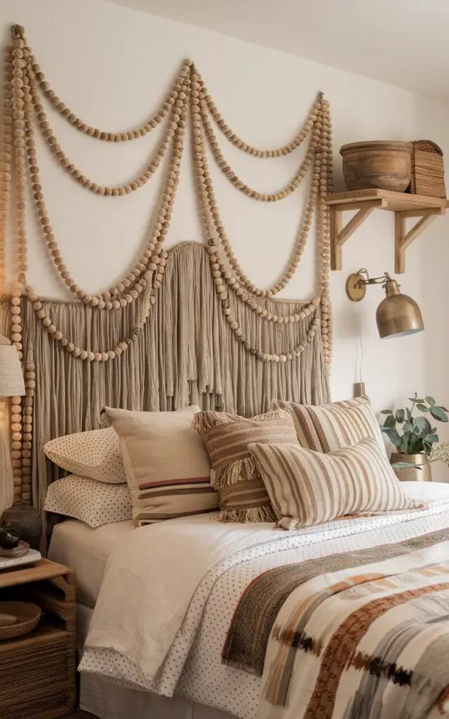 A photo of a bohemian-style bedroom with a cozy bed. The bed has a headboard adorned with beaded garlands, which continue along the walls. The garlands add a handmade touch, complementing the patterned textiles and layered bedding. The room has an earthy and inviting atmosphere. Natural wood elements, such as a shelf and a lamp, are present. Soft lighting enhances the bohemian charm of the space.