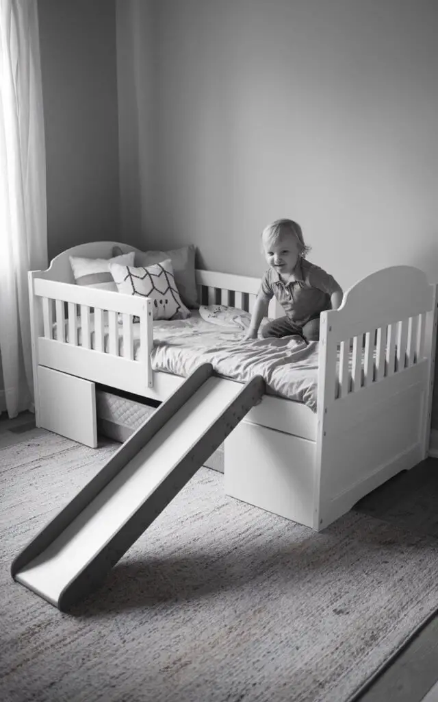 A small toddler bedroom with a fun, built-in slide attached to a cozy toddler bed design. The bed is positioned next to a soft rug, allowing safe and playful interaction. This exciting addition adds a unique element to the room, making mornings and playtime extra fun for the toddler.