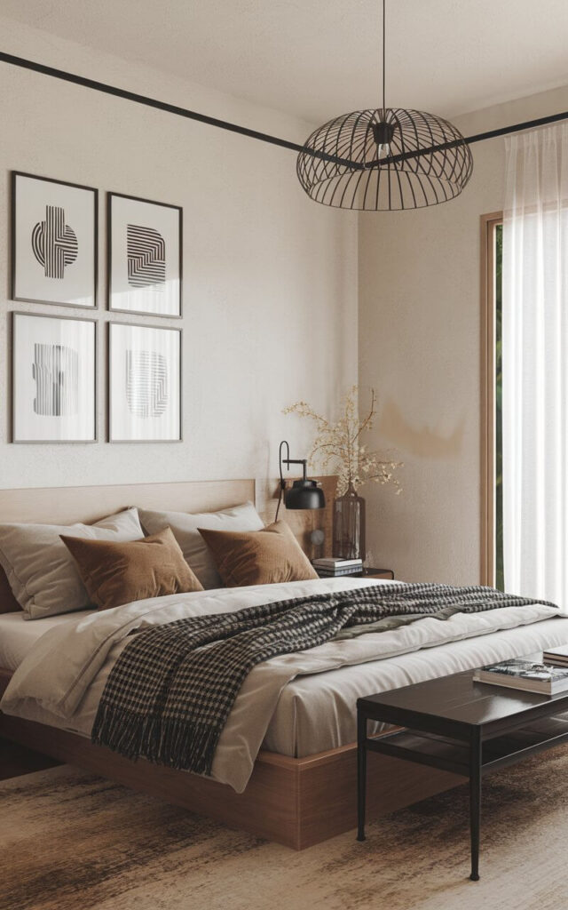 A Japandi-style bedroom with a bed, a few pieces of furniture, and a few decorative items. The room has a neutral color palette with a mix of wooden and earthy tones. There is a black metal light fixture hanging above the bed. The walls have black-framed wall art. The room has a minimalist design with clean lines and a serene atmosphere.