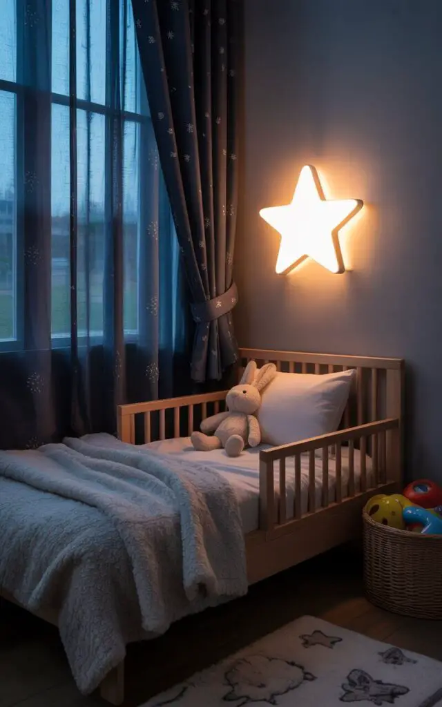 A photograph of a cozy toddler bedroom bathed in the soft glow of a star-shaped night light. A small toddler bed sits beside a large window draped with dark navy blackout curtains displaying subtle geometric patterns, featuring soft flannel sheets and a plush blanket with a stuffed bunny resting at the headboard. The walls are a muted gray, adorned with a few colorful toys neatly arranged in a corner storage bin, creating a tranquil and restful space. Gentle, diffused lighting highlights the room’s comforting textures and invites peaceful sleep.
