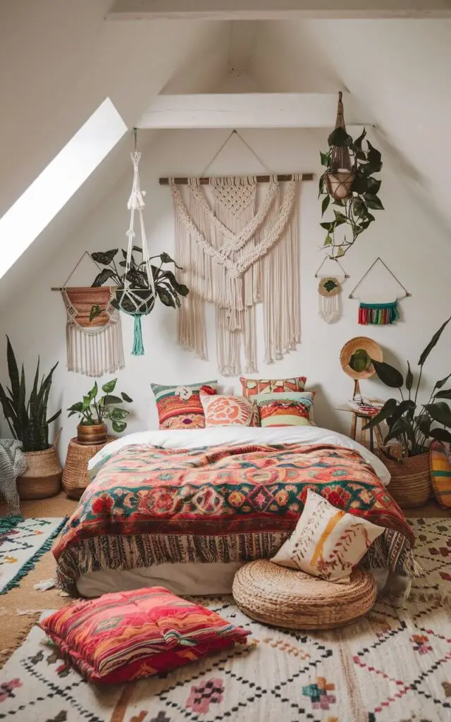 A vibrant and eclectic attic bedroom with colorful textiles, hanging plants, and macramé wall decor. The very cozy bed, draped in patterned bedding, is surrounded by floor cushions and woven baskets, creating a laid-back, Bohemian atmosphere in the small space.