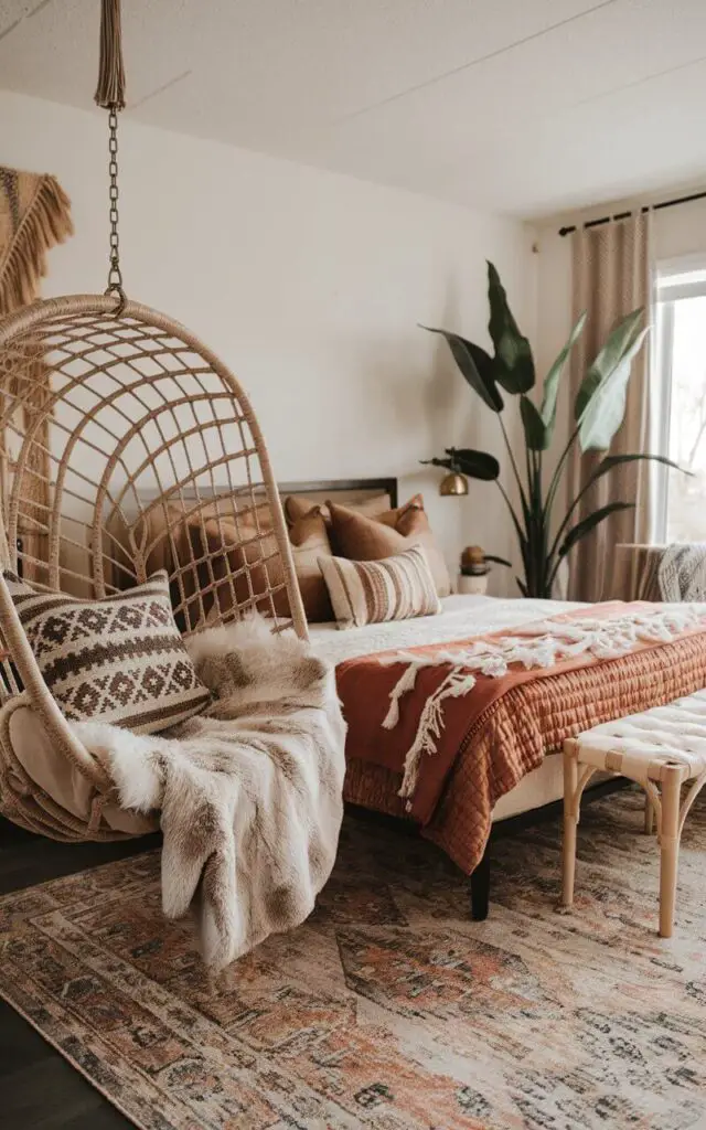 A boho bedroom with a full, very cozy bed and a hanging chair. The bed has earthy bedding and is placed across from the hanging chair. The hanging chair has a soft, woven texture and is adorned with a patterned pillow and a faux fur throw. The room also contains a large plant in the corner and a layered area rug. The space has an eclectic, free-spirited atmosphere that feels both airy and cozy.