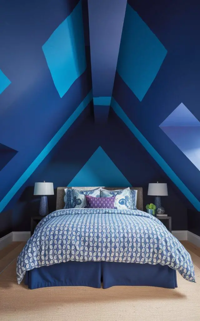 A photo of a vibrant attic bedroom with a bold, painted ceiling in deep blue tones. The cozy bed is positioned against a contrasting wall, with patterned bedding that complements the colorful ceiling. The unique ceiling design draws the eye upwards, creating a dynamic focal point.