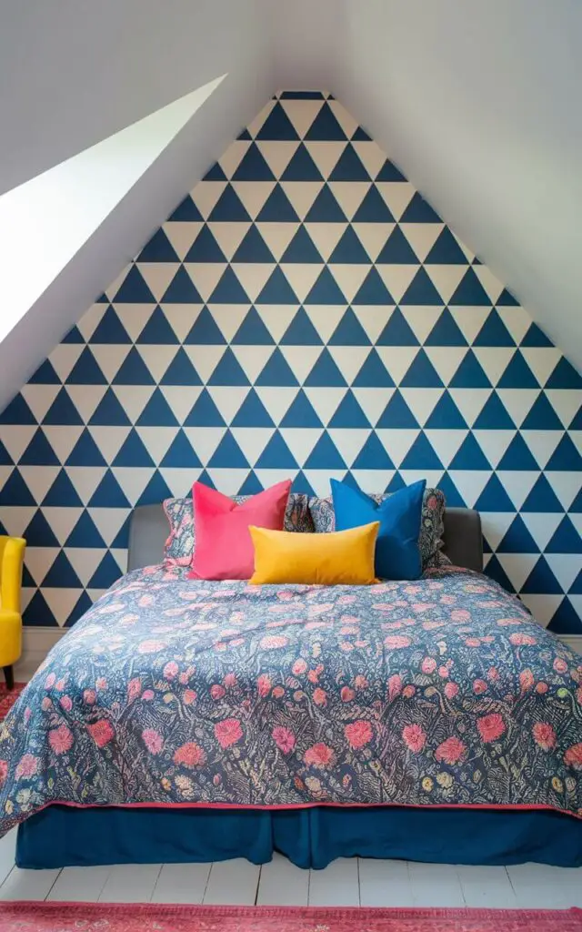 An attic bedroom with a cozy bed. The bold, geometric wallpaper is the central focus, with a pattern of blue triangles on a white background. The bed is covered in contrasting patterned linens, featuring a floral pattern in pink and blue. Bright throw pillows in pink, blue, and yellow add pops of color. The room has a mix of patterns, including a yellow chair and a pink rug.