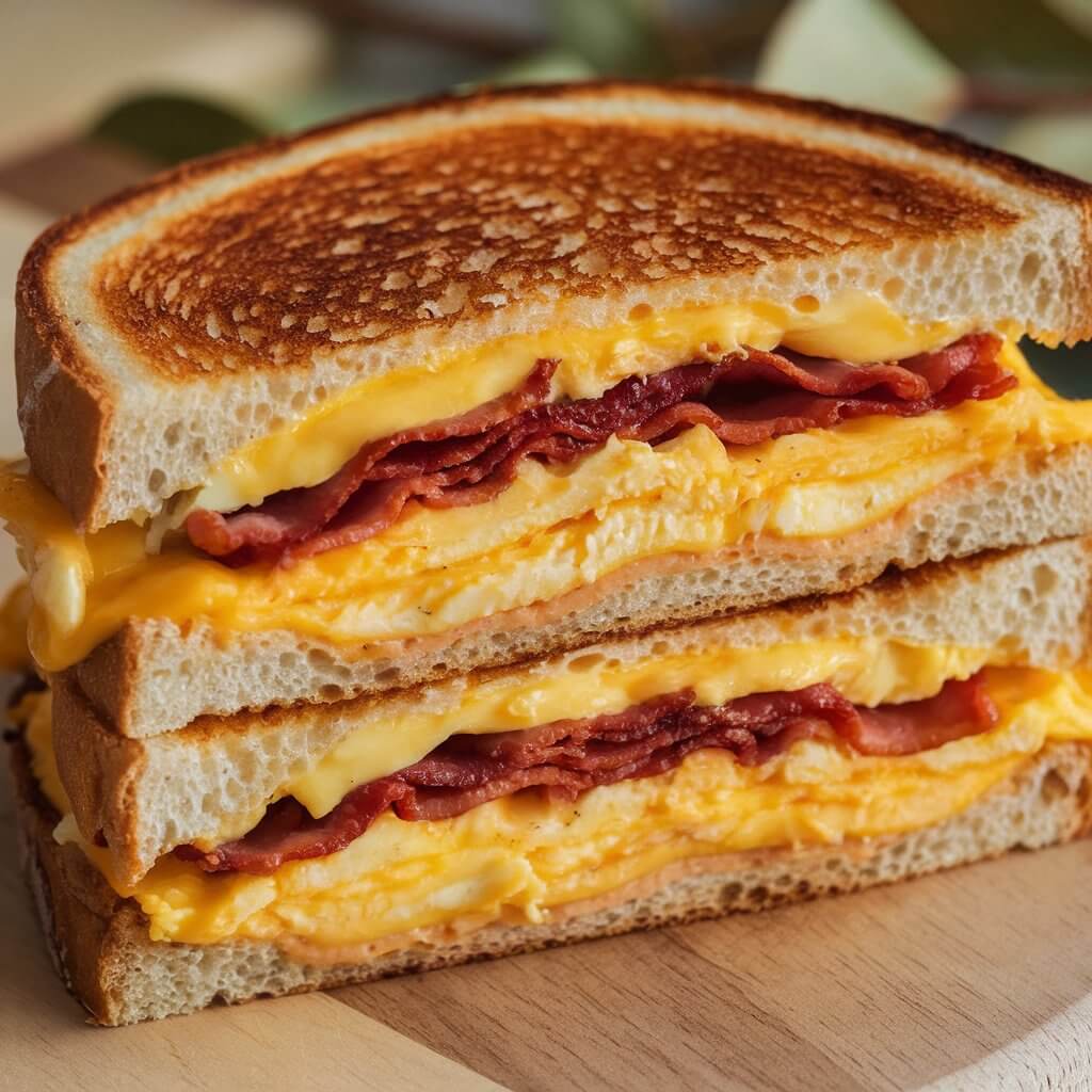 A photo of a hearty grilled cheese sandwich featuring scrambled eggs, melted cheese, and crispy bacon. The sandwich is cut in half, revealing layers of fluffy eggs and bacon nestled within the melted cheese. The edges of the bread are toasted to perfection. The sandwich is placed on a wooden board, with a few leaves in the background.