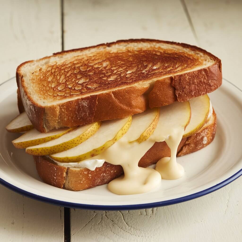 A photo of a brie and pear grilled cheese sandwich. The sandwich has soft, melted brie flowing out between slices of toasted bread. Thin pear slices are nestled in the brie, their slight sweetness adding a gourmet touch. The sandwich has a golden brown crust and a few slices of pear on the side. The sandwich is placed on a white plate that is placed on a white table.