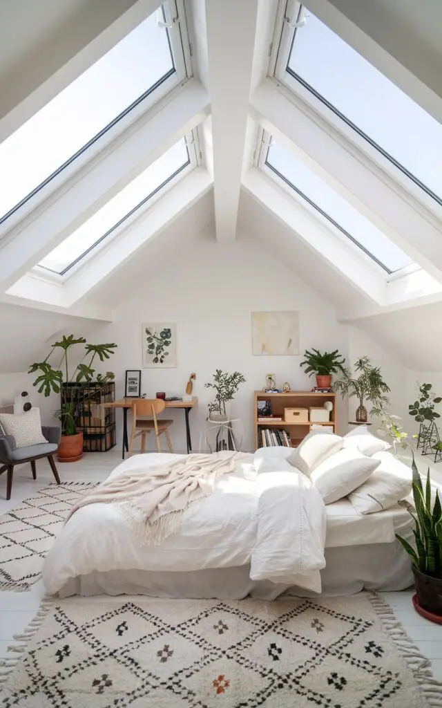 A bright and airy attic bedroom illuminated by large skylights above. A cozy bed is positioned directly under the skylights, with soft white linens and layered pillows. The room is furnished with a small wooden desk, a chair, and a bookshelf. There are also a few potted plants. The floor is covered with a patterned rug. The walls have a few pieces of artwork, including a painting and a framed print.