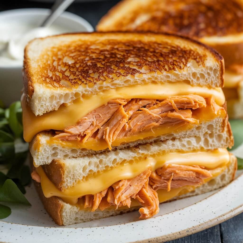 A vibrant grilled cheese sandwich packed with shredded buffalo chicken and melted cheese, with a drizzle of buffalo sauce over the top. The sandwich is slightly charred, with the bright orange buffalo chicken standing out between the melted cheese and crispy bread. A side of ranch or blue cheese dressing is visible, emphasizing the spicy, bold flavors of the grilled cheese. The sandwich is placed on a white ceramic plate.