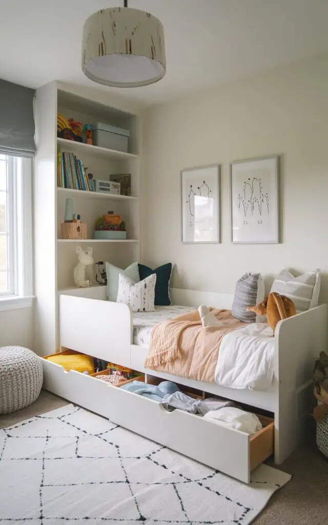 A photo of a small toddler bedroom with built-in storage units that include cubbies and under-bed drawers. The cozy toddler bed design with sides sits atop storage space, keeping toys and clothes organized and out of sight, making the room feel more spacious and functional.