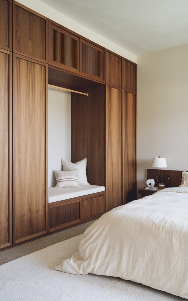 A photo of a Japandi-style bedroom with built-in wardrobes and storage benches. The room has a minimalist aesthetic with a few pieces of furniture. There is a bed with a white duvet and pillows. The wardrobes and storage benches are made of wood and have a sleek, flush design. The walls are painted in a light color. The floor is covered with a white rug.