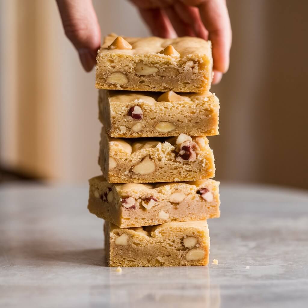 A cozy photo of a stack of four blondie bars. The top blondie is lifted by a hand. Each blondie has a light golden-brown, slightly crumbly texture, with small butterscotch chips and bits of chopped nuts throughout. The bars are neatly cut into square shapes and stacked on a smooth, white surface. The background is softly blurred.