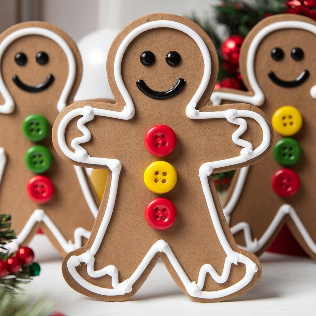 A photo of a holiday scene with gingerbread men made from sturdy cardboard or thick paper. Each gingerbread man has colorful buttons glued down the center to resemble candy details. The gingerbread shapes are carefully outlined in white puffy paint to mimic icing, and each figure is smiling cheerfully. A mix of bright red, green, and yellow buttons adds a playful and colorful touch to the craft. The background is a festive holiday setting.