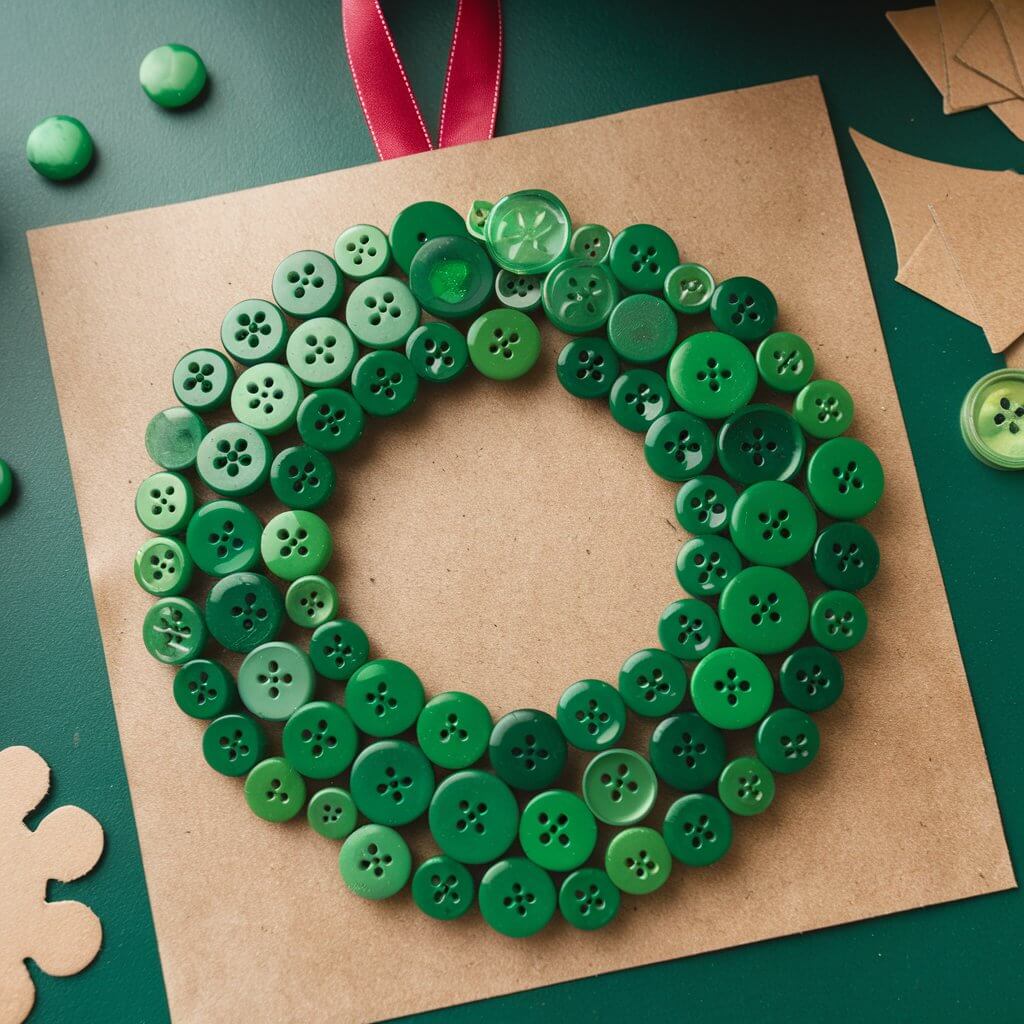 A charming button wreath craft made from Christmas green buttons glued into a circular wreath shape on a thick brown paper. The wreath is displayed on a table with extra buttons, glue, and cardboard cutouts. A ribbon is attached at the top, ready for hanging, creating a lovely holiday decoration.