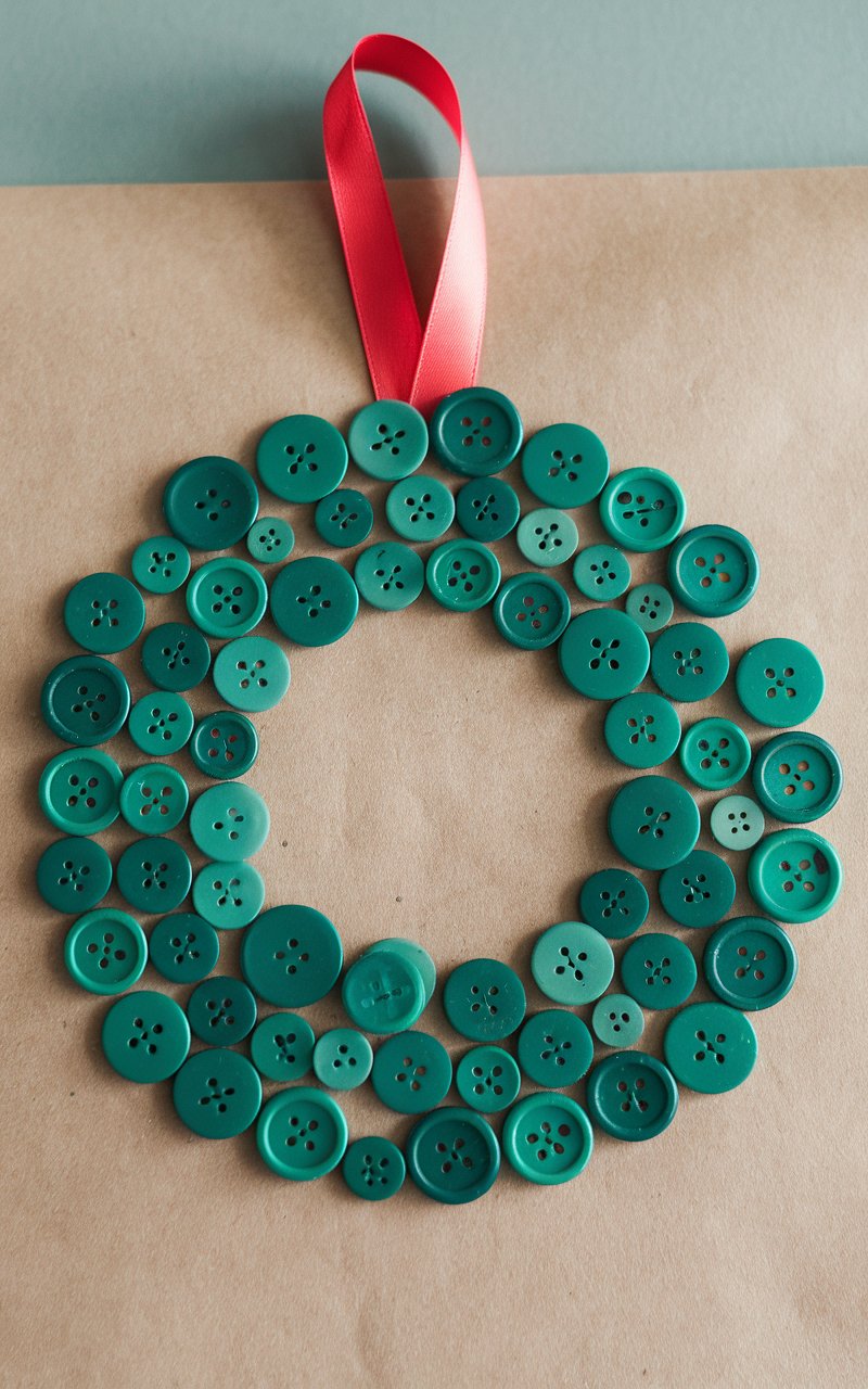 A photo of a charming button wreath craft made from Christmas green buttons. The buttons are glued into a circular wreath shape on a thick brown paper. The wreath is displayed on a plain table. A ribbon is attached at the top, ready for hanging, creating a lovely holiday decoration.