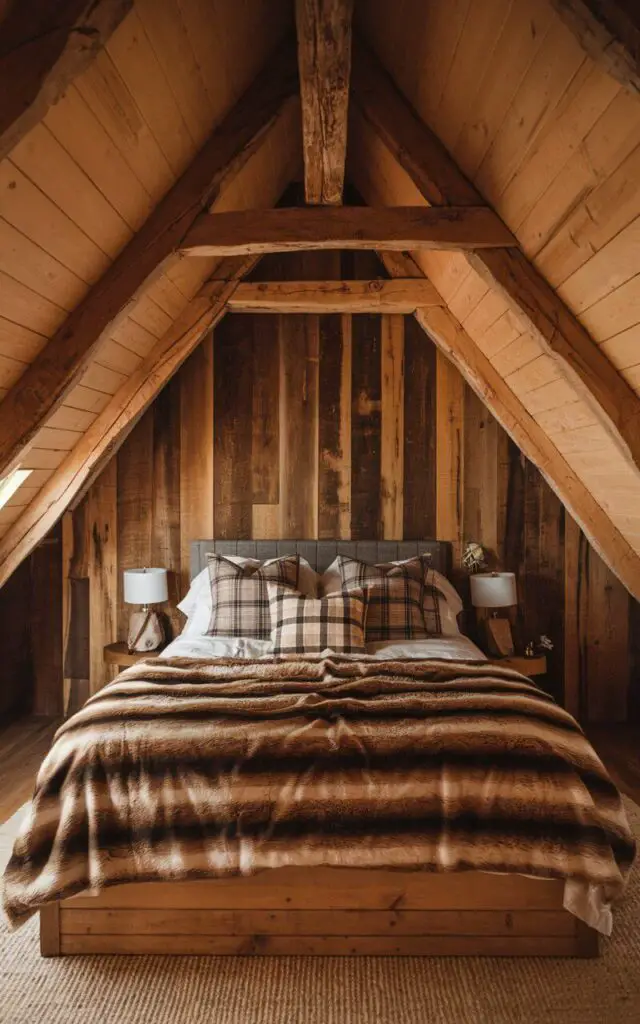 A warm and rustic attic bedroom with natural wood paneling and exposed beams. The cozy bed, layered with fur blankets and plaid pillows, gives the space a cabin-like feel. The rich wood tones and soft lighting create a peaceful, nature-inspired retreat.