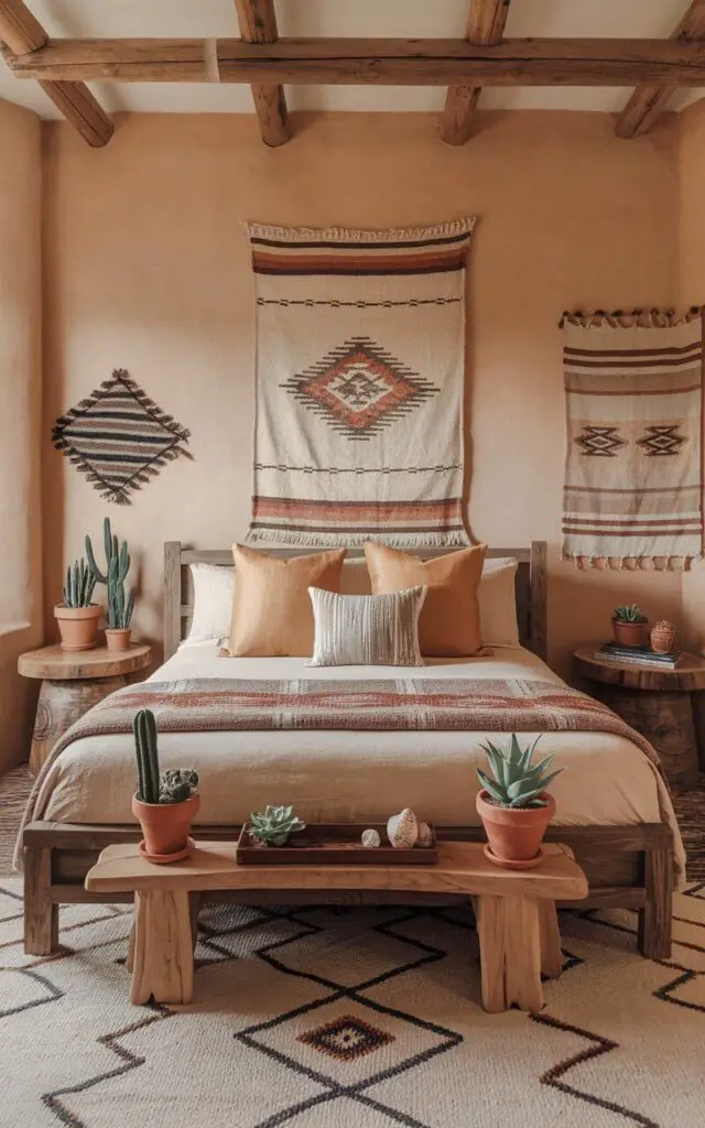 A photo of a cozy Southwestern bedroom with a bed. The bed is placed in the center of the room and has a wooden frame. There are potted cacti and succulents on wooden side tables near the bed. The walls are adorned with woven textiles. The room has warm earth tones and a desert-inspired look.