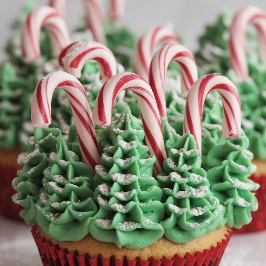 A photo of a whimsical cupcake with several tiny candy canes standing upright in green frosting, creating the effect of a "candy cane forest." The green frosting has textured, tree-like swirls. The entire cupcake is lightly dusted with powdered sugar to resemble fresh snow. The red cupcake liner ties into the holiday color scheme.