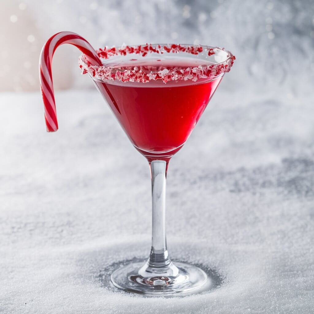 The image shows a festive candy cane martini in a clear, elegantly shaped martini glass. The cocktail is a vibrant, opaque red, filling the glass up to the rim. The rim of the glass is decorated with a coarse, sugary, crushed candy cane border, adding a festive touch with a mix of red and white flecks that sparkle against the glass. 

A full-sized red-and-white-striped candy cane is hooked over the side of the glass, adding a playful, holiday-inspired element to the drink’s presentation. The background is a soft-focus, snowy white texture, which complements the holiday theme, making the drink stand out as the central element of the image. The overall feel is bright and celebratory, perfect for a winter or holiday gathering.