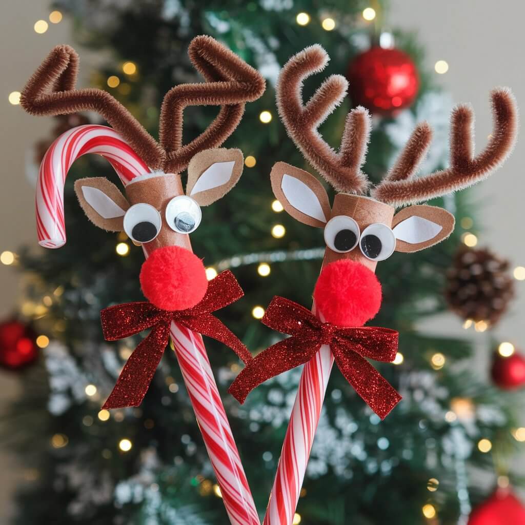 Two festive candy canes are decorated to resemble reindeer, each featuring brown pipe cleaner antlers, large googly eyes, and a bright red pom-pom nose, mimicking Rudolph. A glittery red bow is tied around each candy cane's "neck," completing the holiday look. These reindeer candy cane crafts are perfect for a fun and easy Christmas decoration or gift idea.