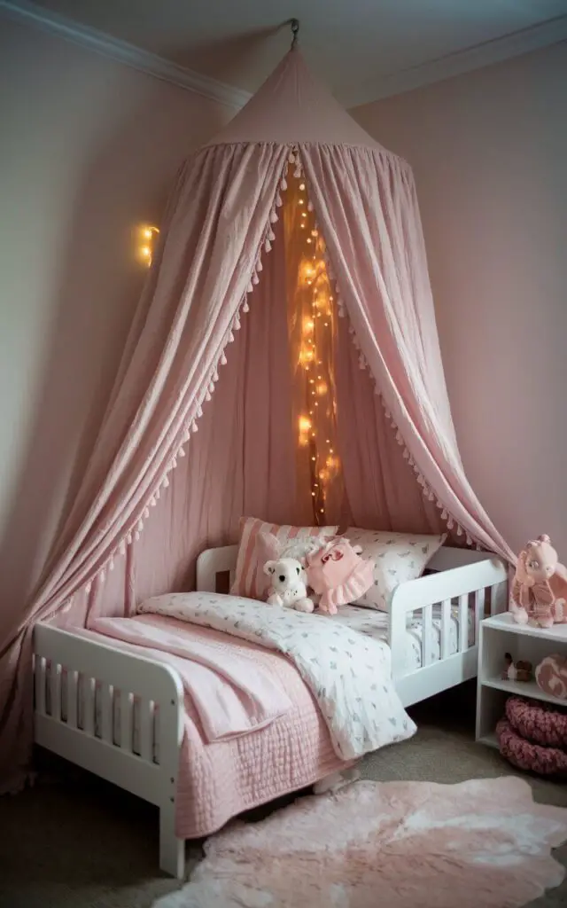 A photo of a small toddler bedroom with a cozy toddler bed designed under a delicate, flowing canopy in soft shades of pink. The canopy creates a magical, tent-like atmosphere, adding warmth and charm to the space. Whimsical fairy lights illuminate the dreamy corner.