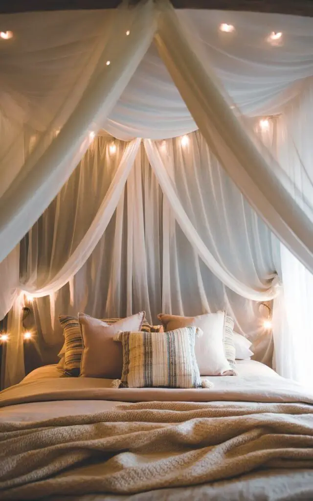 A photo of a dreamy boho bedroom with a sheer, white canopy hanging over a cozy bed. The canopy fabric is draped elegantly, creating a romantic, ethereal effect. The bed is adorned with soft, layered bedding and throw pillows. Small accent lights cast a warm glow, enhancing the canopy's calming, intimate appeal.